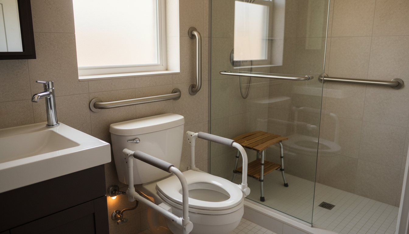 Detailed view of ADA-compliant bathroom safety features including grab bars, lever faucets, and comfort height toilet