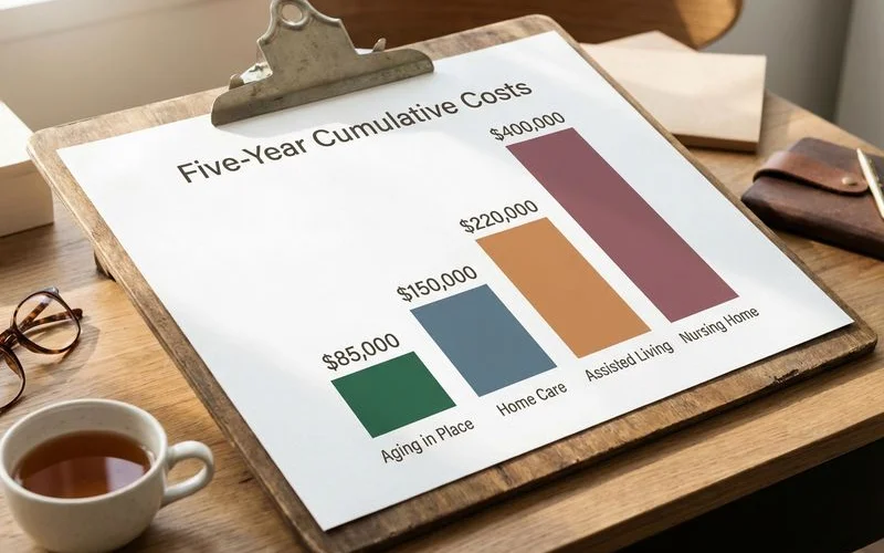 Bar chart comparing five-year cumulative costs of assisted living, nursing home, home care, and aging-in-place modifications