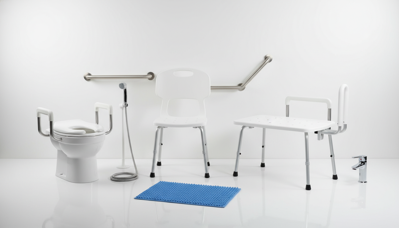 Display of essential bath safety products for elderly including grab bars, shower chair, raised toilet seat, and transfer bench