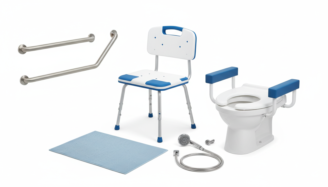 Essential bathroom safety products for aging in place including grab bars, shower chair, raised toilet seat, and non-slip mat