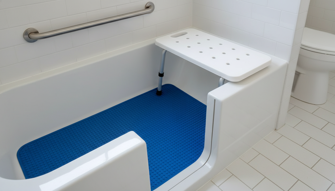 Close-up of a bathtub cut-out modification showing the lowered tub wall entry point with chrome grab bar and non-slip mat for senior accessibility