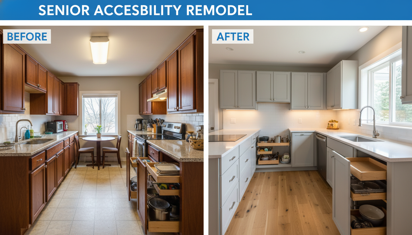 Before and after comparison of kitchen remodel for senior accessibility with pull-out shelves and lever faucet