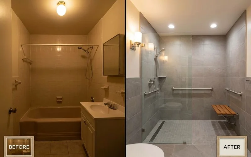 Before and after bathroom renovation showing dark cluttered bathroom transformed into bright accessible safe space