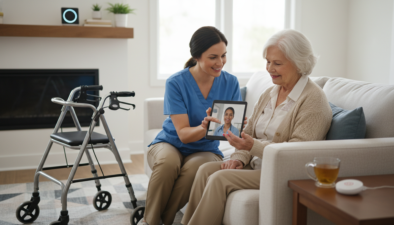 Professional caregiver helping senior woman with telehealth technology and aging in place services