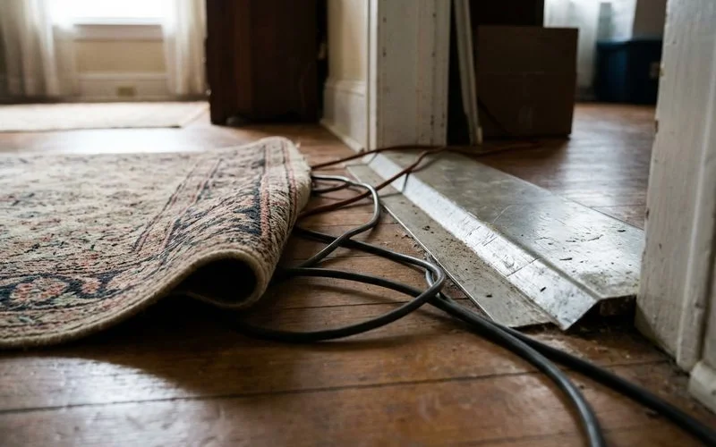 Close-up of common trip hazards in home including loose rug edges, electrical cords on floor, and uneven threshold