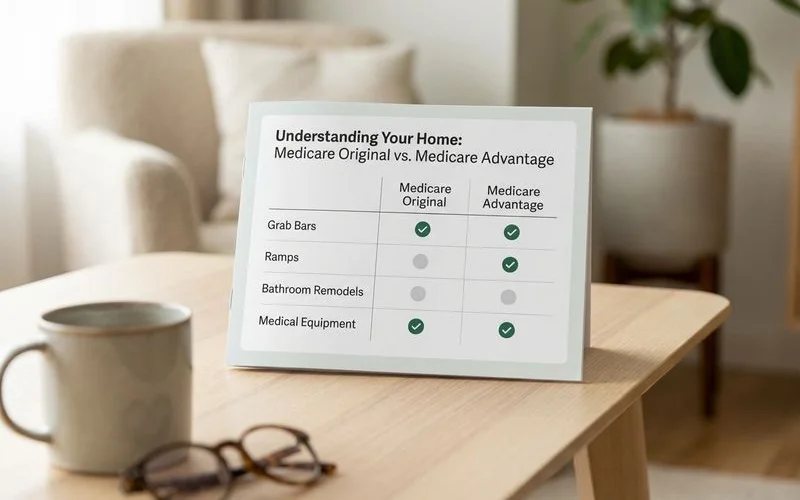 Comparison table showing Medicare Original versus Medicare Advantage coverage for common home modifications and equipment
