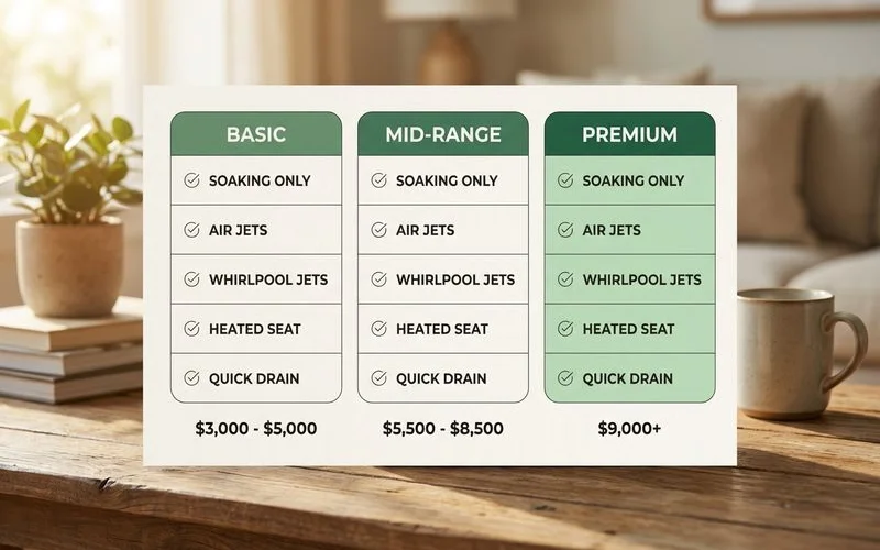Walk-in tub cost comparison chart showing basic, mid-range, and premium models with feature differences