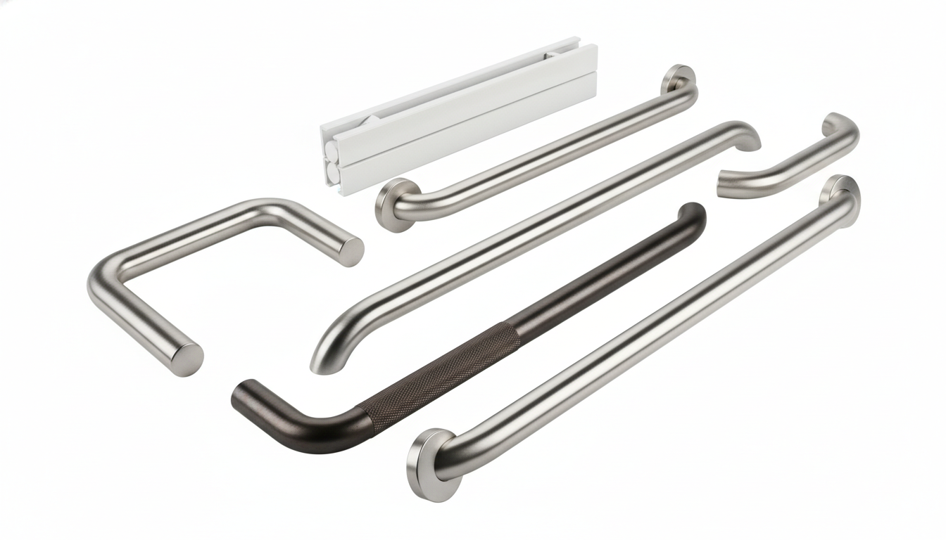 Various types of bathroom grab bars including straight, L-shaped, flip-up, and textured styles in stainless steel and brushed nickel finishes