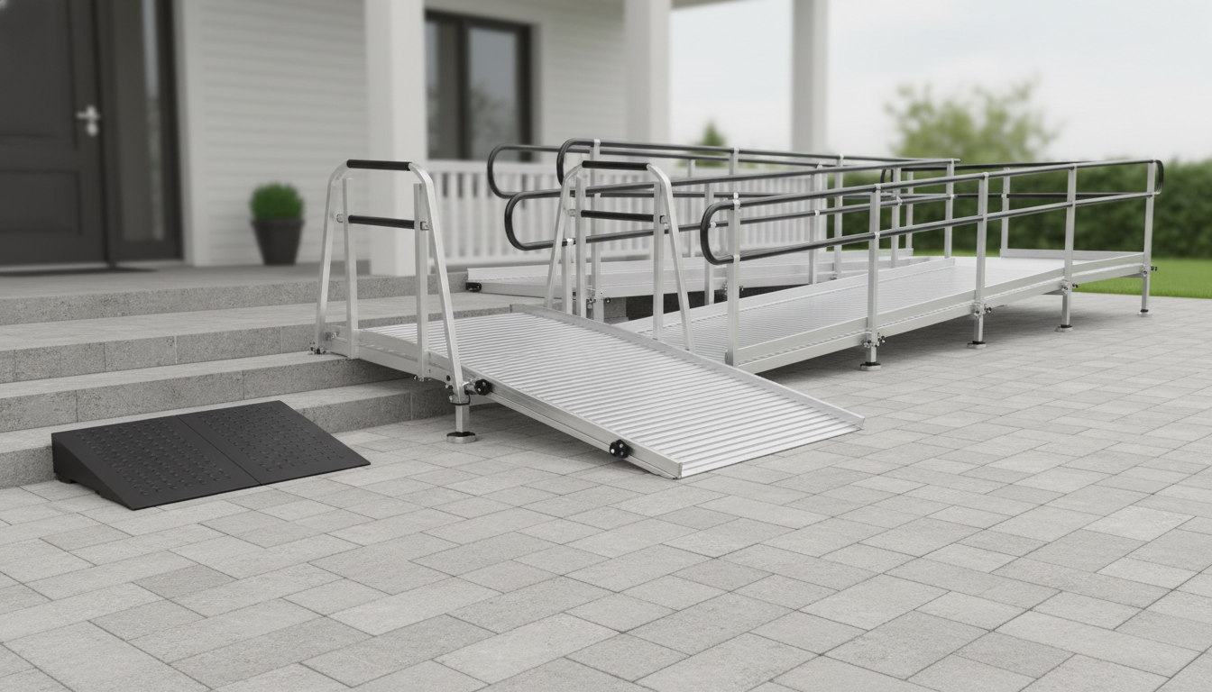 Different types of home entry ramp solutions including modular aluminum ramp and concrete ramp approach