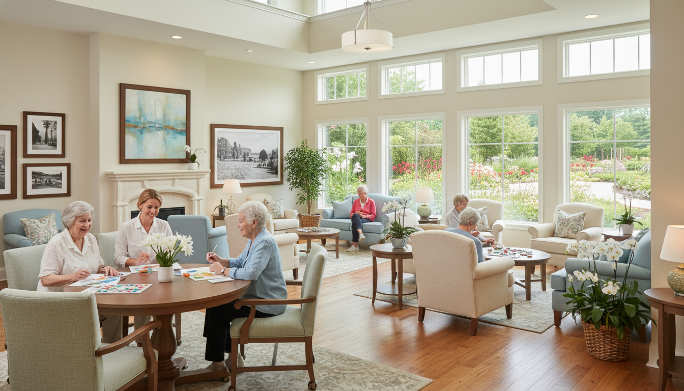 Welcoming memory care community common area with seniors engaged in activities with caregivers
