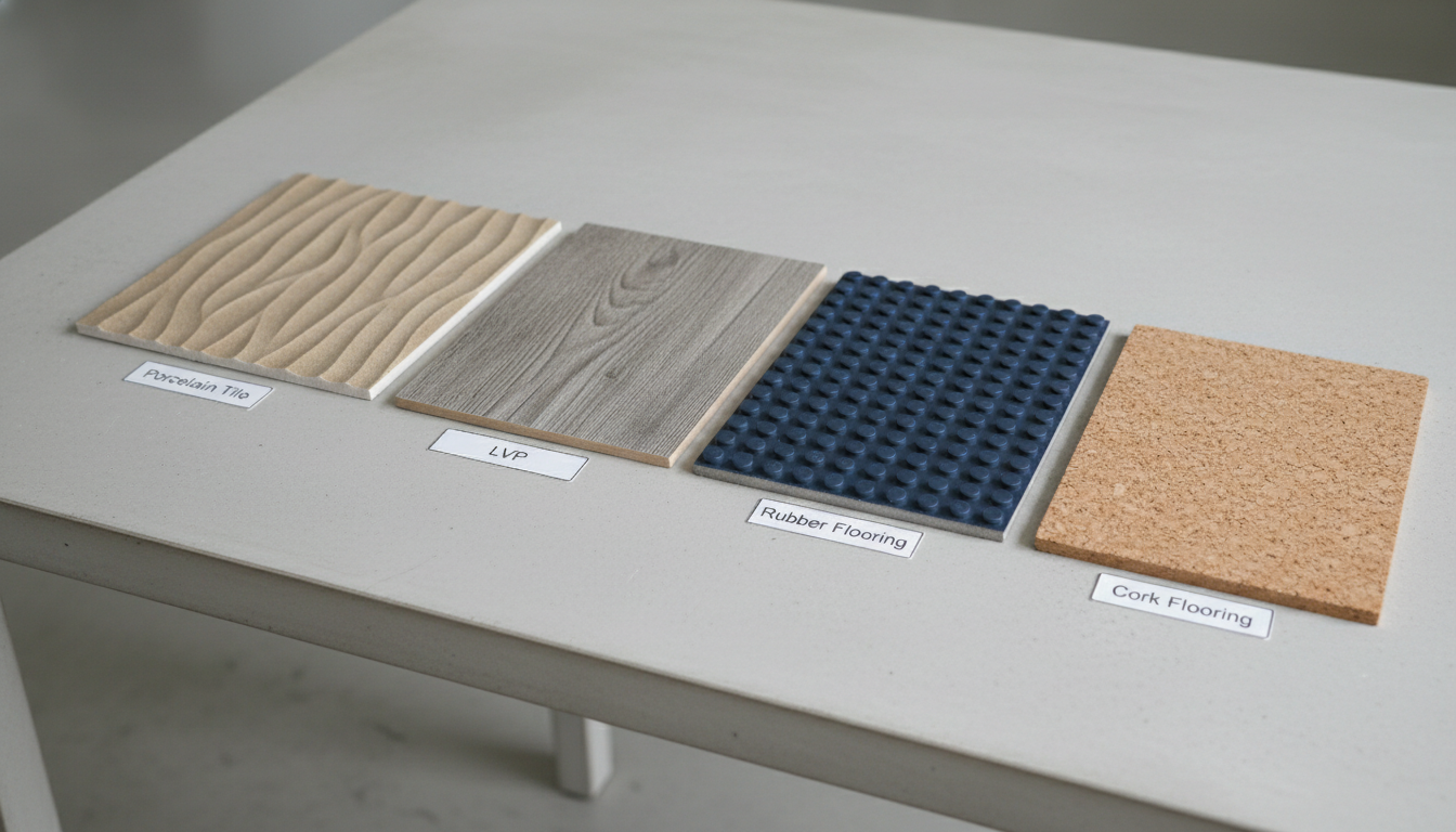 Comparison of non-slip bathroom flooring types including textured porcelain, luxury vinyl plank, rubber, and cork