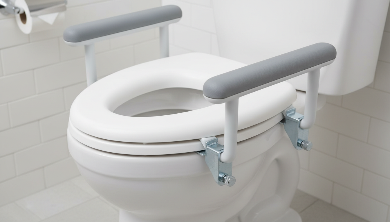 A raised toilet seat with padded handles securely installed on a standard white toilet in a clean bathroom