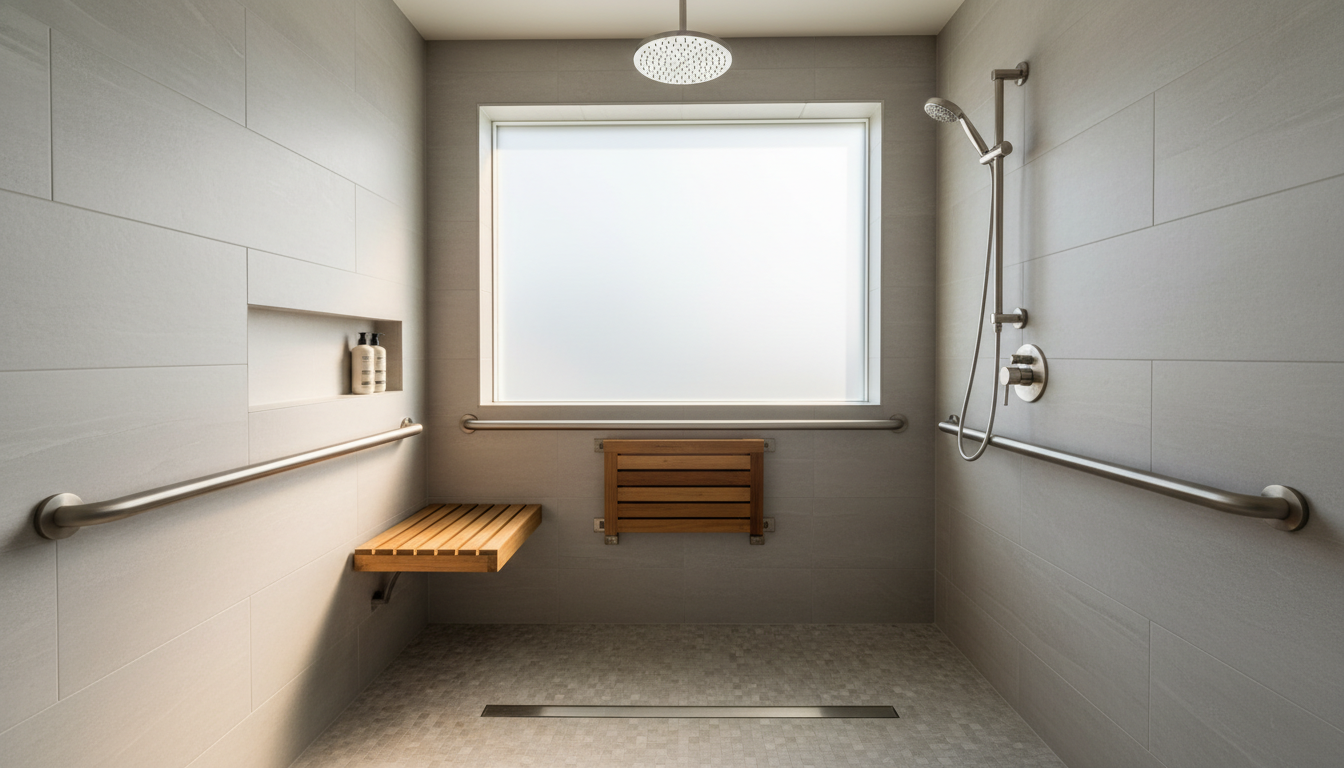 Beautiful modern roll-in wheelchair accessible shower with fold-down teak bench, dual grab bars, rain showerhead, and luxury tile design that is fully ADA compliant