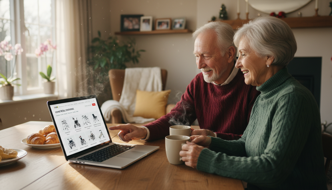 Senior couple shopping online for aging in place products on a laptop at their kitchen table
