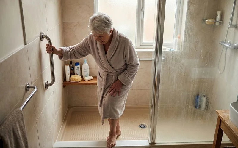 Senior woman using a wall-mounted grab bar to safely step into a shower stall with non-slip flooring