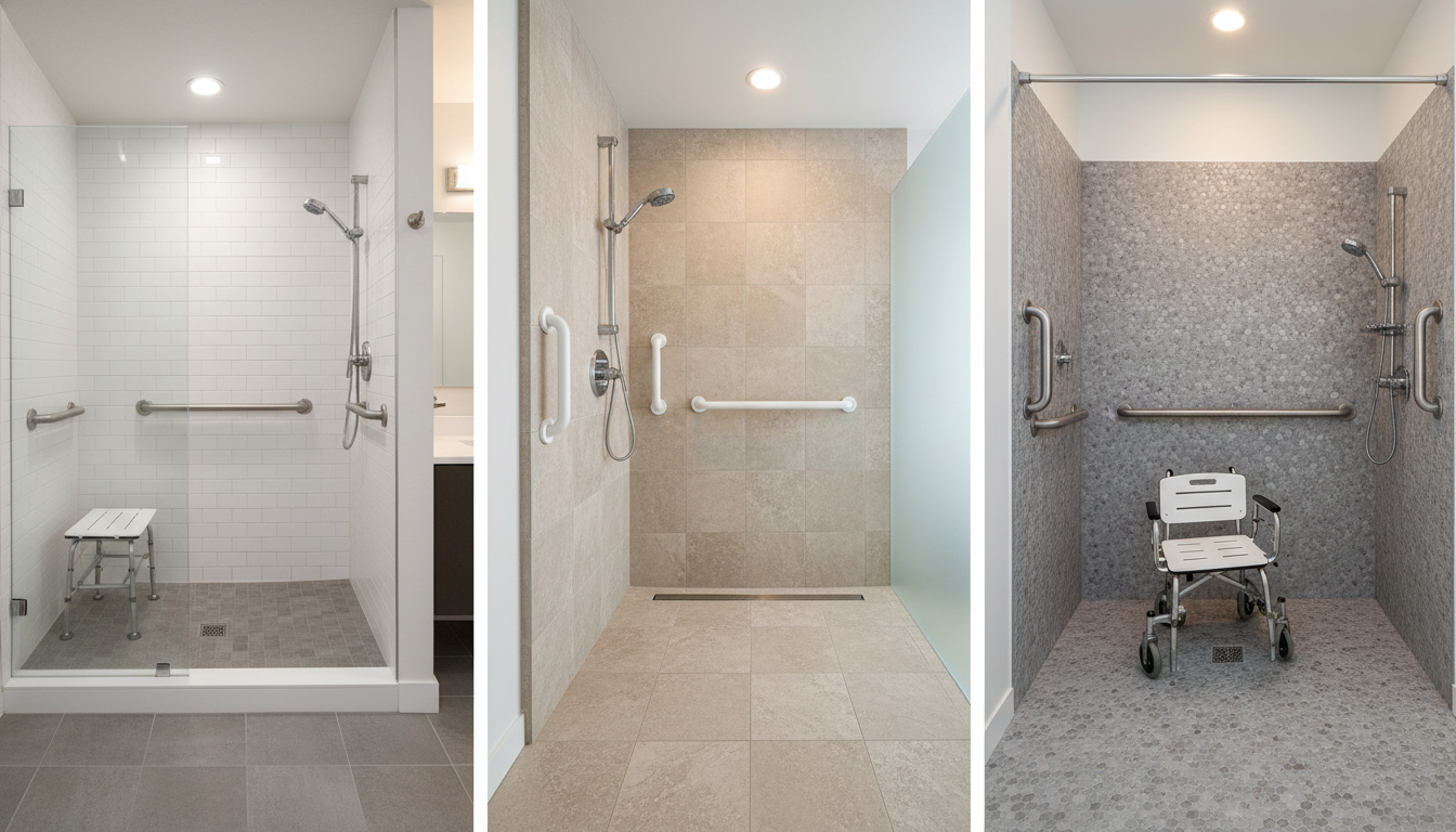 Comparison of three shower stall types for elderly: walk-in, curbless, and roll-in designs
