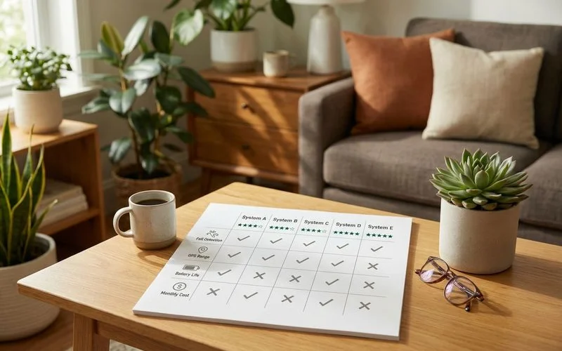 Comparison chart of five leading medical alert systems with ratings for fall detection, GPS, range, and battery life