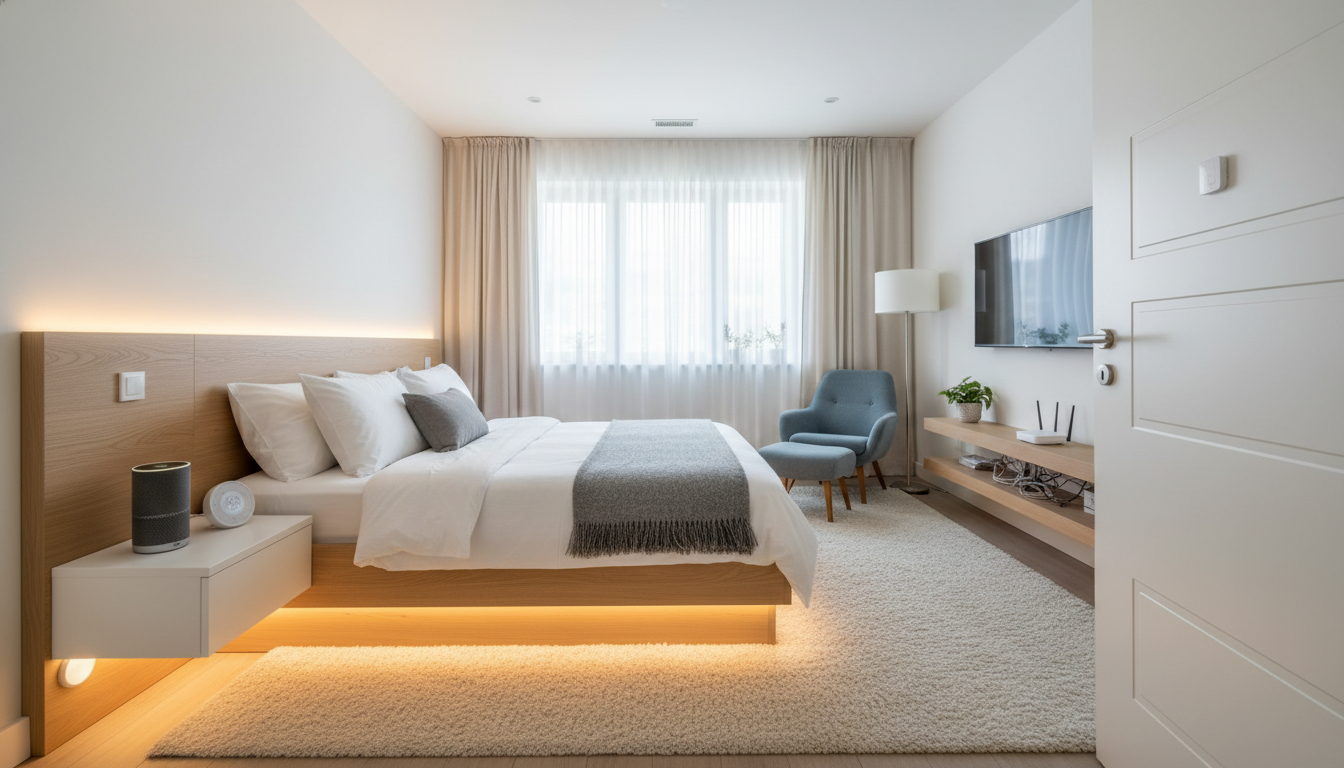 Smart home safety devices including motion sensors, smart speaker, and automatic night light installed in a senior bedroom