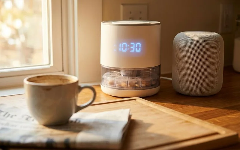 Smart medication dispenser with digital display on kitchen counter next to voice-activated smart speaker and reminder system
