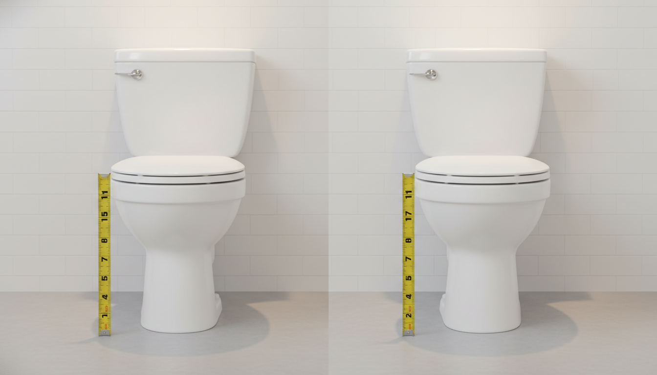 Side by side comparison of standard height toilet at 15 inches and comfort height toilet at 17 inches